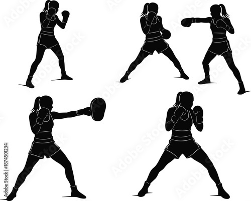 Female boxer training, boxing gloves, fighting stance, shadow silhouette, athletic workout poses