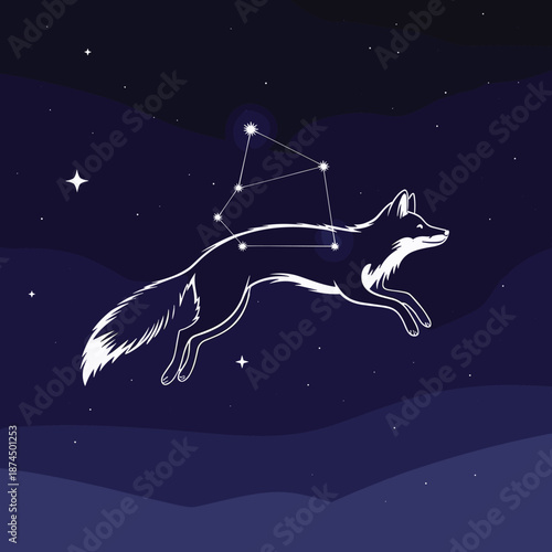 Jumping fox silhouette in a dark starry night sky with a constellation of glowing stars forming a mystical fox animal shape.