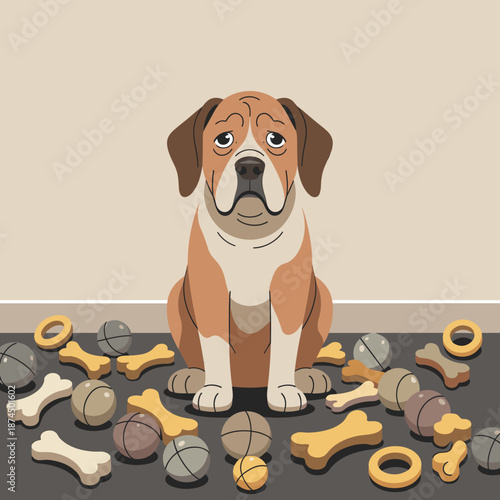 Loyal Saint Bernard dog sitting among a massive collection of bone treats and ball toys with a sad and lonely expression.