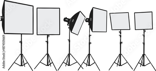 Professional Photo and Video Lighting Softbox Collection Vector Illustration Featuring Adjustable Studio Light Stands