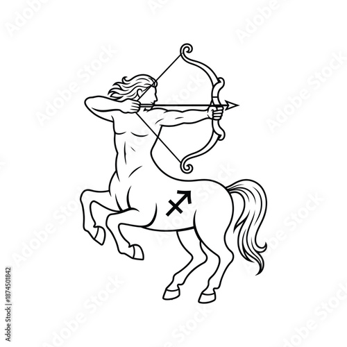 A detailed line art depiction of a centaur archer drawing back a bow and arrow