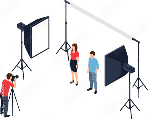Photography Studio Isometric Vector Illustration Showing Photographer, Models, Lighting Equipment, Softboxes, and Professional Photo Shoot Setup