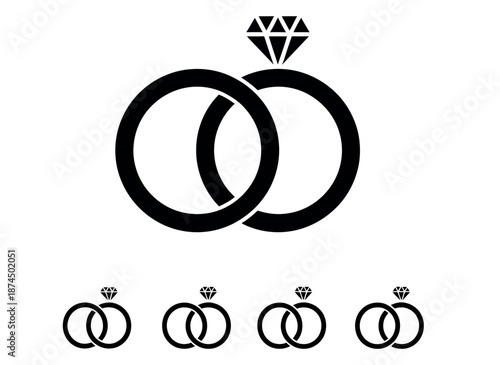 Set of modern wedding ring icons with diamonds on white background vector.
