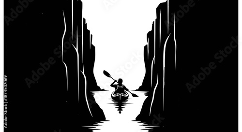 Silhouette of Kayaker Paddling through Narrow Rock Canyon on Calm Water for Adventure and Exploration Concept
