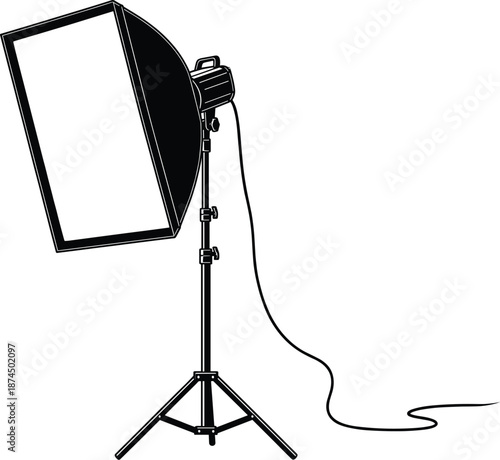Studio Photography Softbox Light Vector Illustration with Tripod Stand and Power Cable Isolated on White