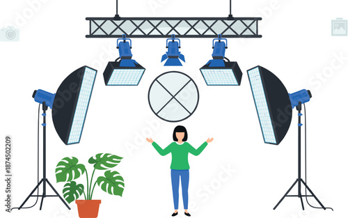 Professional Photography Studio Lighting Setup Vector Illustration with Softboxes, LED Panels, and Overhead Spotlights