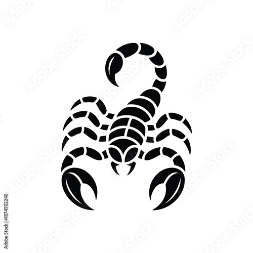 A striking black and white illustration of a scorpion with a curved tail and claws