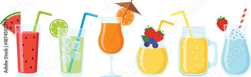 Summer Refreshing Drinks Vector Set Featuring Lemonade, Fruit Cocktails, Smoothies, and Iced Beverages in Glasses