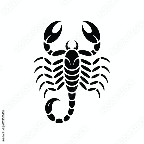 A striking black and white illustration of a scorpion with a curved tail is shown