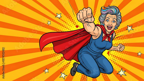 Senior woman superhero flying with red cape on vibrant background  