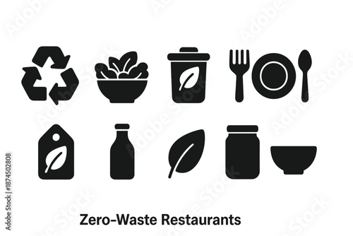 Zero-waste restaurants silhouette icon set for sustainable dining solutions
