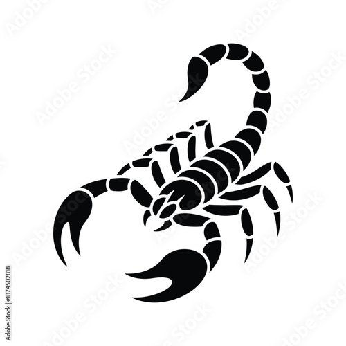 A striking black and white illustration depicts a detailed scorpion with a curved tail and claws