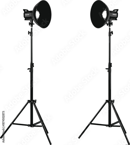 Professional Photo Lighting Equipment Vector Showing Studio Flash Light with Reflector Mounted on Stand
