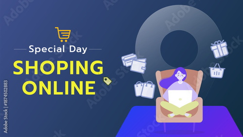 Online Shopping Illustration Woman Using Laptop Ecommerce Digital Marketplace