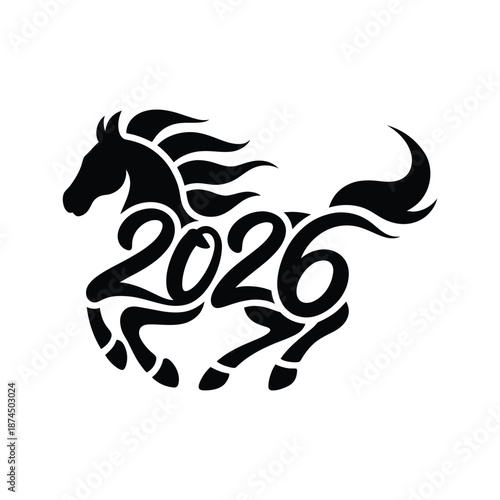 A striking black silhouette of a horse integrated with the year 2026 design