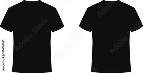Plain black t-shirt front and back view, blank apparel template, short sleeve crew neck design, fashion mockup, clothing background, casual wear