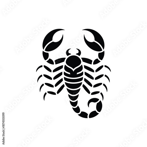 A striking black and white illustration of a scorpion with a detailed and symbolic design
