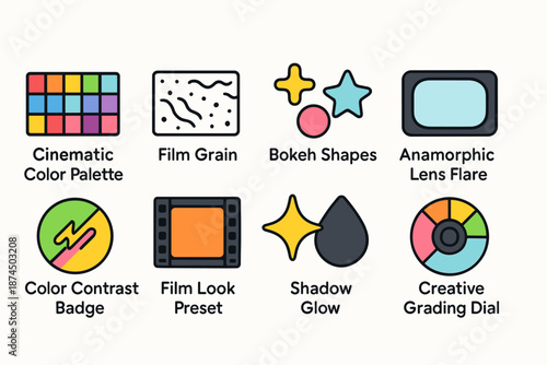 Cinematic, photography flat icon set. Creative effects, film grain, lens flare collection