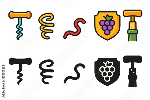 Wine, corkscrew outline icon set. Vineyard, beverage tools icon collection