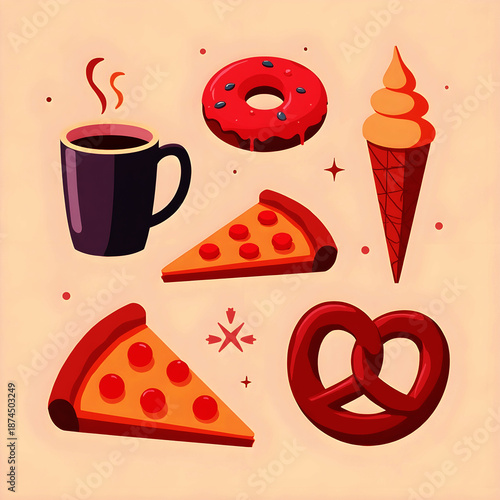 Colorful illustration of assorted junk food and coffee