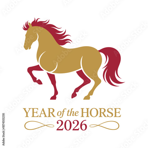 Elegant golden horse illustration with flowing mane and tail celebrating the year of the horse 2026