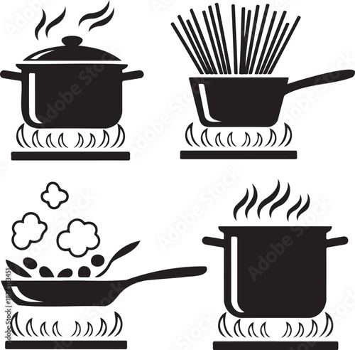 Collection of cooking pots and frying pan icons illustrating food preparation on transparent background