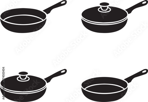 Collection of cooking frying pans with and without lids on transparent background
