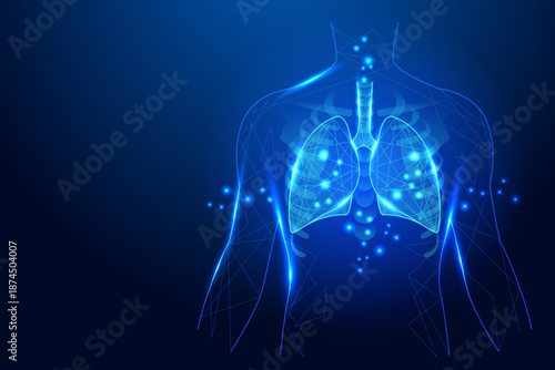 Glowing blue wireframe lungs with bronchial tree and alveoli, symbolizing respiratory health, anatomy, and medical technology.