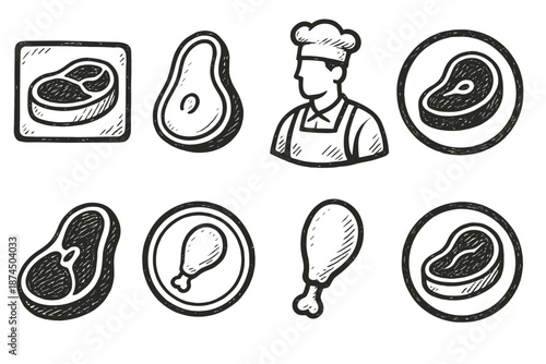 Cooking and meat outline icon set for food and restaurant illustrations