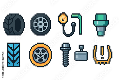 Automotive, cars pixel icon set. Retro, vehicle parts pixel art icons collection
