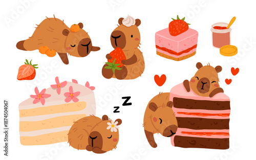 Cute capybara with cakes and desserts vector set, kawaii sleeping capybara characters with strawberry cake, bakery sweets. Cozy food illustrations for birthday, cafe and stickers