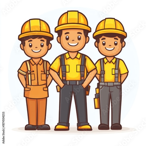 Three smiling construction workers in bright outfits show teamwork and readiness