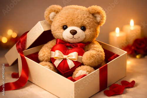 Teddy bear in gift box holding red heart, romantic Valentine concept