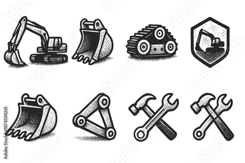 Construction tools linear icon set: equipment, machinery, engineering icons collection