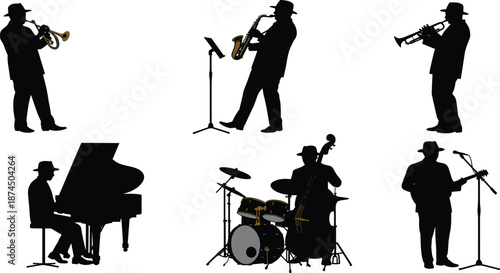 Jazz band musician silhouettes playing trumpet, saxophone, piano, drums, double bass, guitar, live performance, concert stage vector illustration design