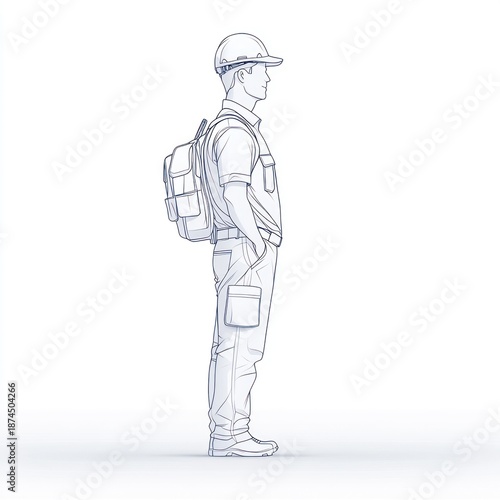 A construction worker gears up with a hard hat and backpack for a busy morning