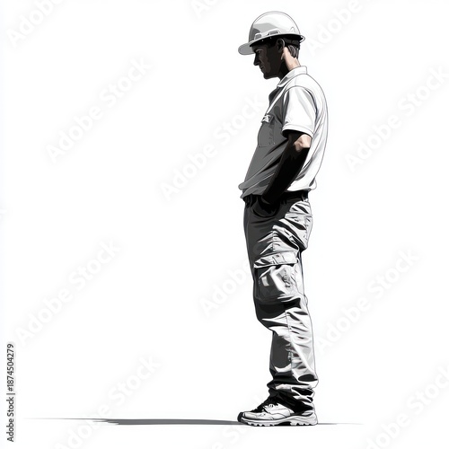 A construction worker in a hard hat stands silently, contemplating a task on a bright day