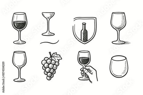 Wine icons outline collection. Glasses, grapes, bottle icon set in outline style