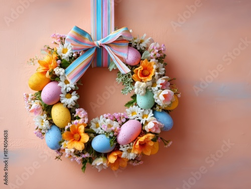 Colorful wreath with flowers and eggs for spring decoration hanging on a wall