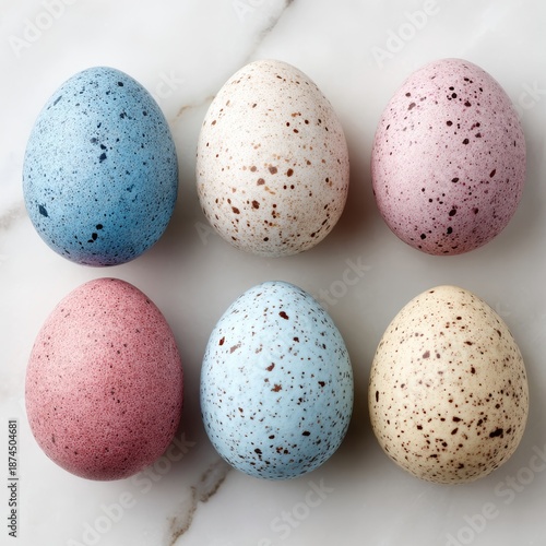 Colorful eggs placed together on a light marble surface create a simple display for decoration or celebration