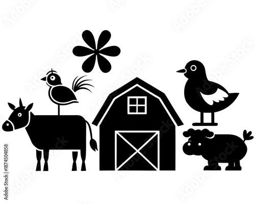 Farm animals and barn
