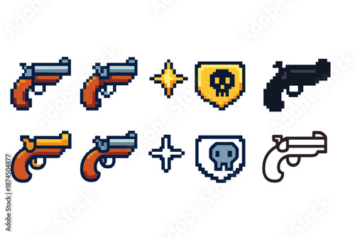 Video game weapon icon set. Retro gaming, pixel art weapons, outline style collection.