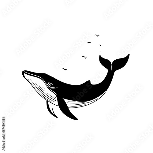 Humpback Whale. Humpback Whale simple black and white line art vector logo