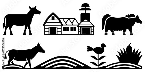 Farm animals and barn silhouettes