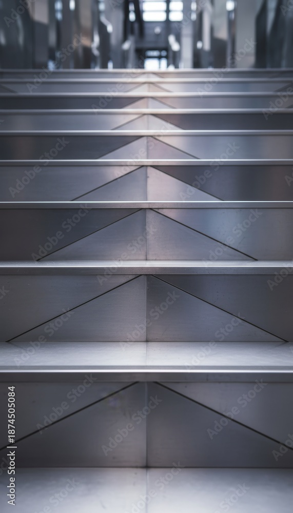 Obraz premium Reflective chrome stairs ascend with abstract geometric precision, illustrating a pathway of modern architectural form and elegant ascent