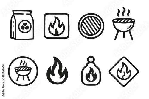 Bbq and grill icon set in outline style. Summer, fire, cooking, barbecue icons collection