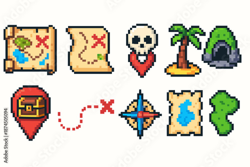 Treasure hunt pixel icon set. Adventure, map, and skull icons in pixel style