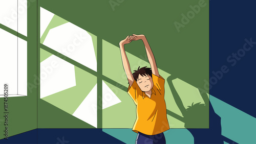 Cartoon illustration of a young man stretching in a sunlit room, enjoying a peaceful morning wake-up or a refreshing break.