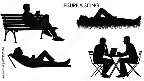 Silhouettes of people relaxing on various outdoor seating options including bench grass and chairs