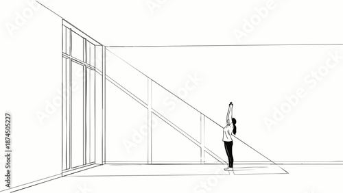 Minimalist line drawing of a woman stretching towards bright sunlight streaming through a large window, symbolizing hope, new beginnings, and inner peace.